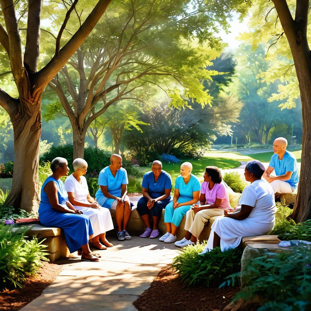 A compassionate scene depicting a diverse group of cancer patients and advocates sitting together in a serene outdoor setting, sharing stories and support. Incorporate symbolic elements like a path winding through a lush landscape symbolizing the cancer journey, surrounded by light and hope. Soft sunlight filtering through trees, creating a warm atmosphere. Vibrant colors capturing both struggles and resilience. super-realistic. vivid colors. serene background.