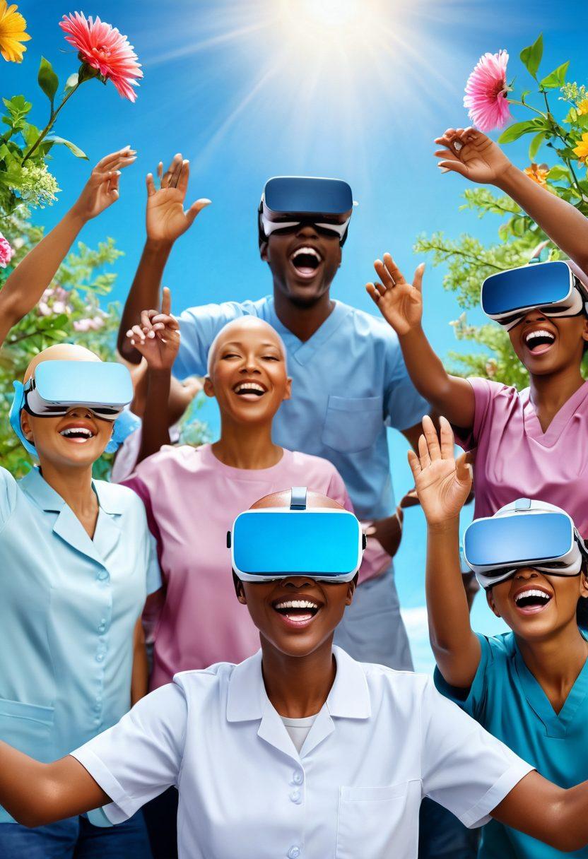 A hopeful scene depicting a diverse group of cancer survivors celebrating their journey, surrounded by innovative medical technology like virtual reality therapy and high-tech diagnostic tools. Soft lighting illuminates the joyous expressions on their faces, symbolizing resilience and hope. Include elements of nature in the background to represent healing, such as blooming flowers and a clear blue sky. super-realistic. vibrant colors. uplifting atmosphere.