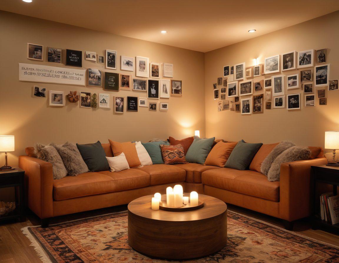 A compassionate gathering of diverse individuals in a cozy, warm room, sitting in a circle sharing their experiences and emotions, surrounded by soft lighting and supportive gestures. In the background, uplifting inspirational quotes on the walls create an encouraging atmosphere. Include elements like comforting blankets, a small table with drinks, and tissue boxes. Showcase a sense of community and hope. super-realistic. warm tones. inviting atmosphere.